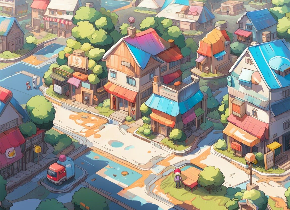 Colorful Pokémon Village Street Art in Countryside