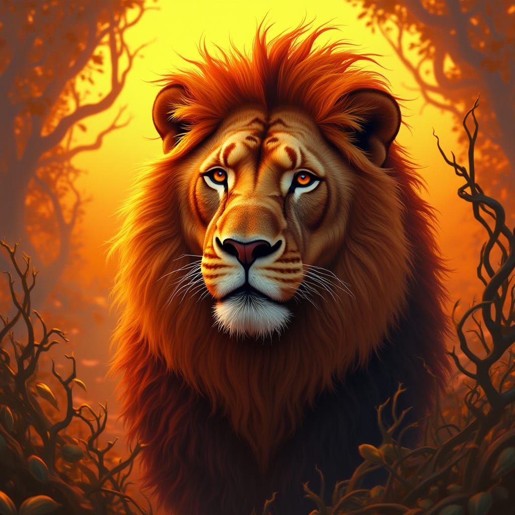 Regal Lion in Sunset Savannah Landscape