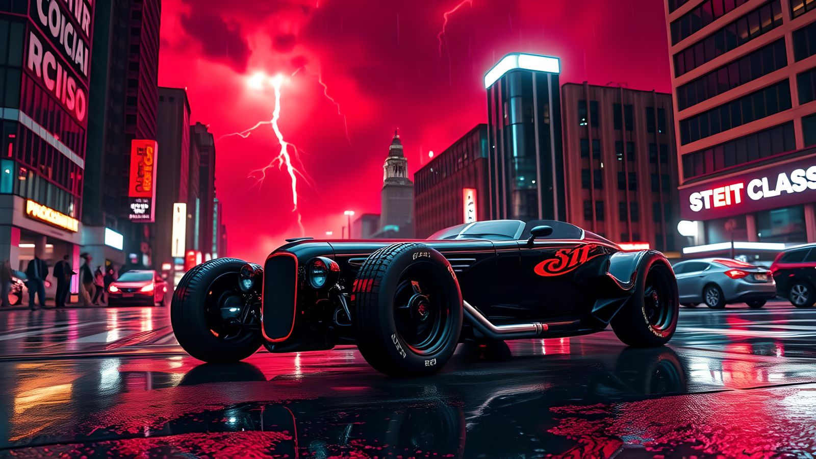 Futuristic Rat Rod in Red Lightning Storm