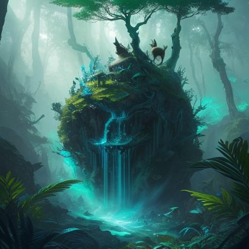 Whimsical Forest Scene with Animals and Bubbles