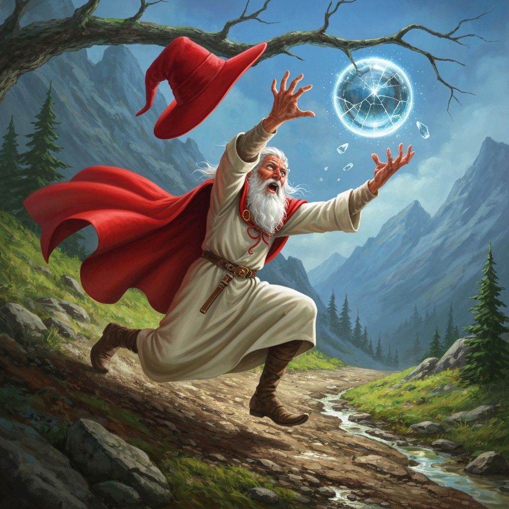 Wizard Falls Down Mountain Trail with Crystal Ball