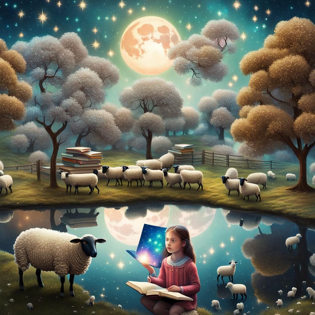 Sheep, Girl, Book Under Starry Cherry Tree