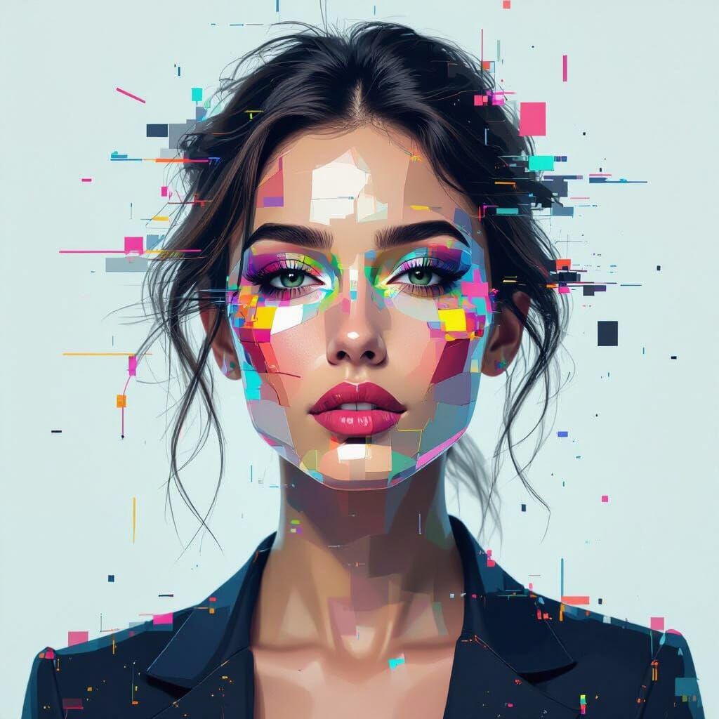 Fractured Portrait: Digital Mosaic in Glitch Art Style