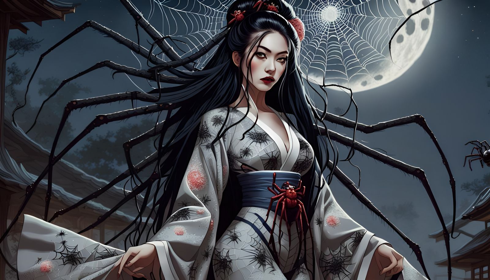 Eerie Spider-Woman Jorōgumo in Moonlight, Dark Fantasy Art