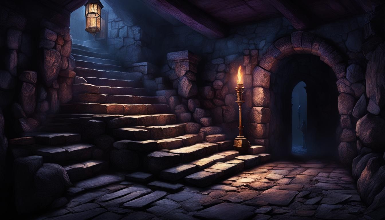 Eerie Stone Cellar Descent with Bishop and Torch