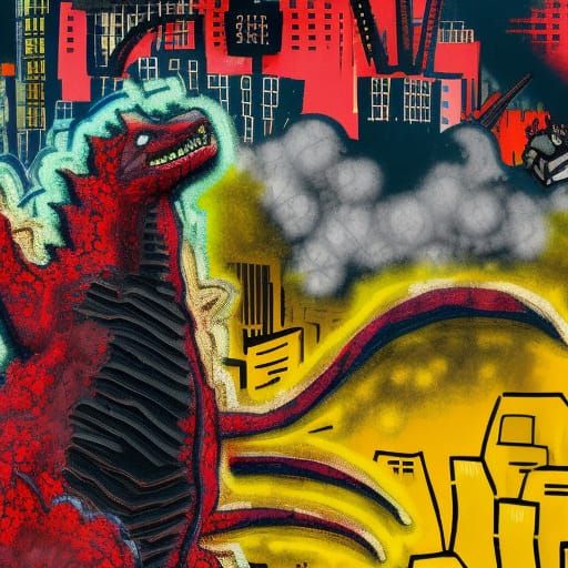 Godzilla Destroys Tokyo: Basquiat-Style Matte Painting