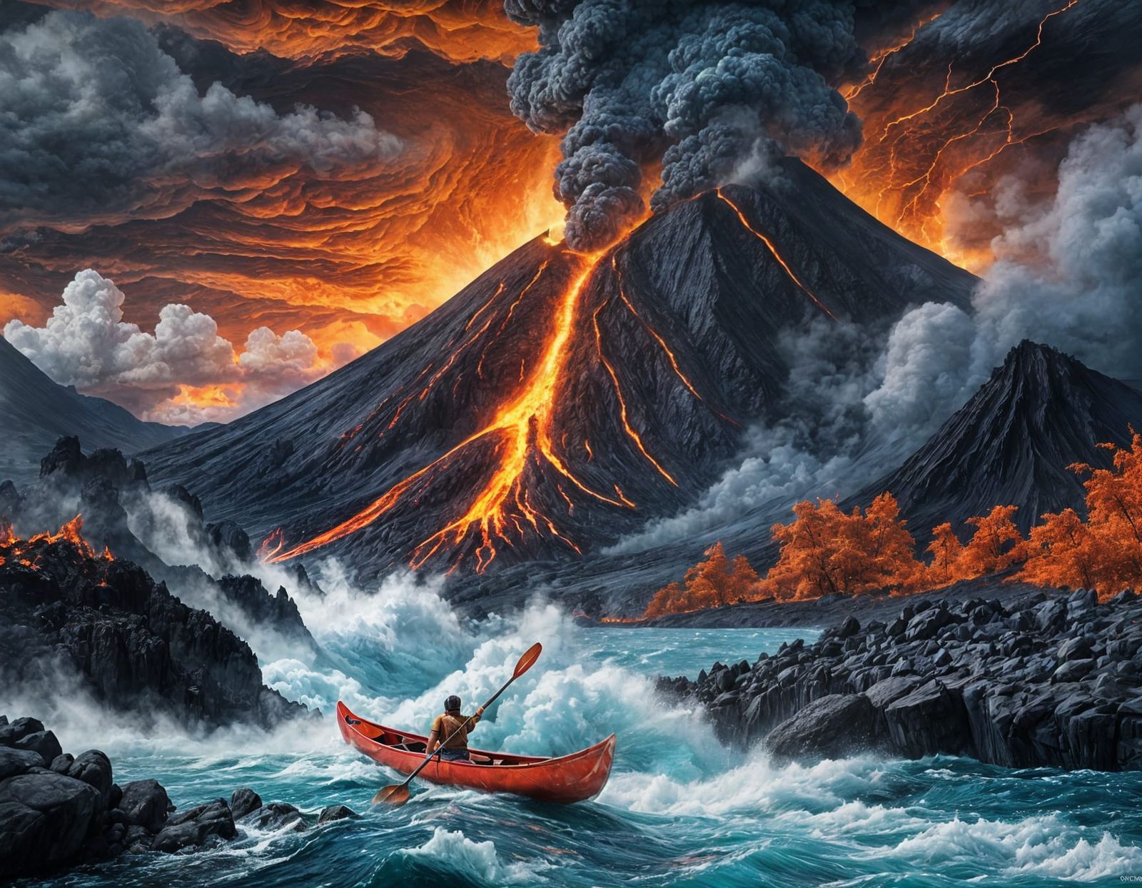 Volcano Eruption with Canoeist in Fantasy Art