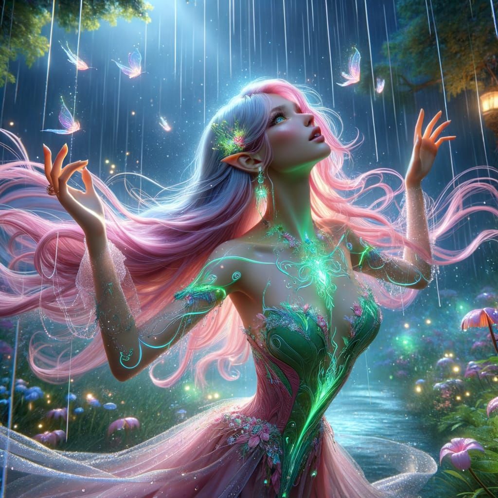 Ethereal Woman Embraces Rain in Enchanted Garden