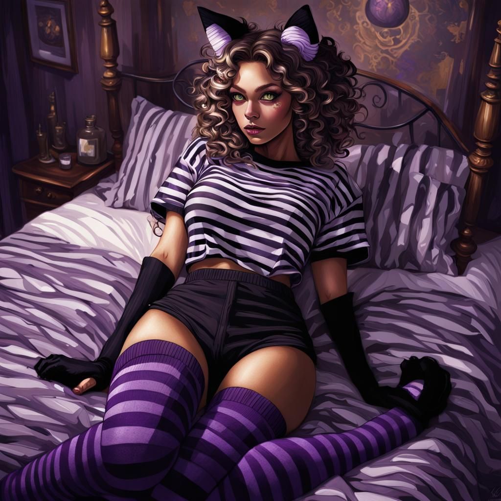 Petite Cat-Eared Girl in Striped Socks