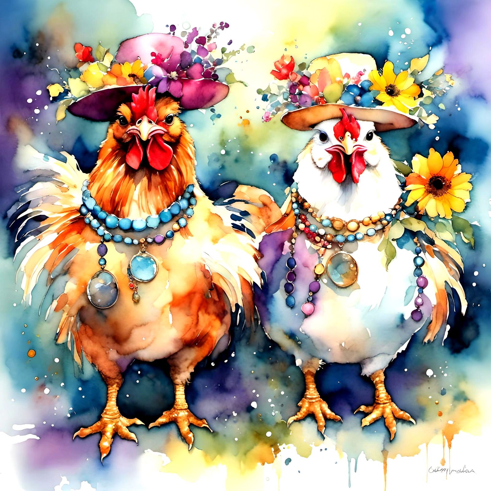 Whimsical Chickens in Hats: Watercolor and Ink
