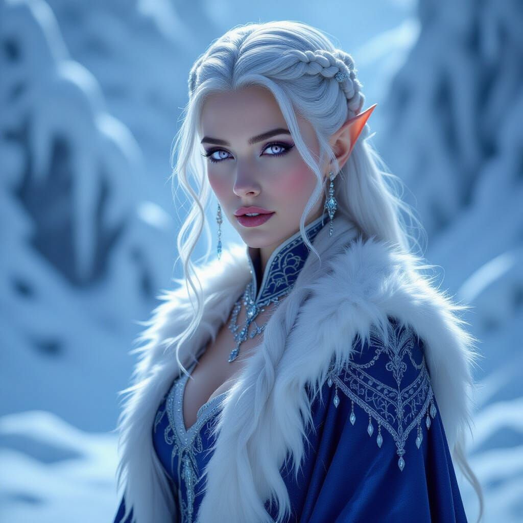 Elven Bard in Sapphire Gown in Frozen Landscape