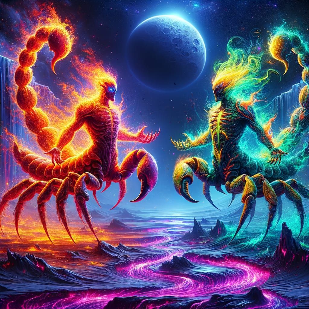 Fiery Scorpion Humanoids in a Magmatic Celestial Scene