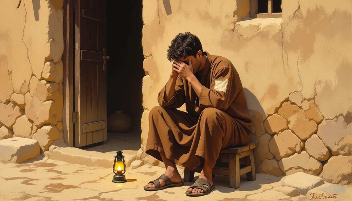 Man Deep in Thought Outside Mud House at Dusk