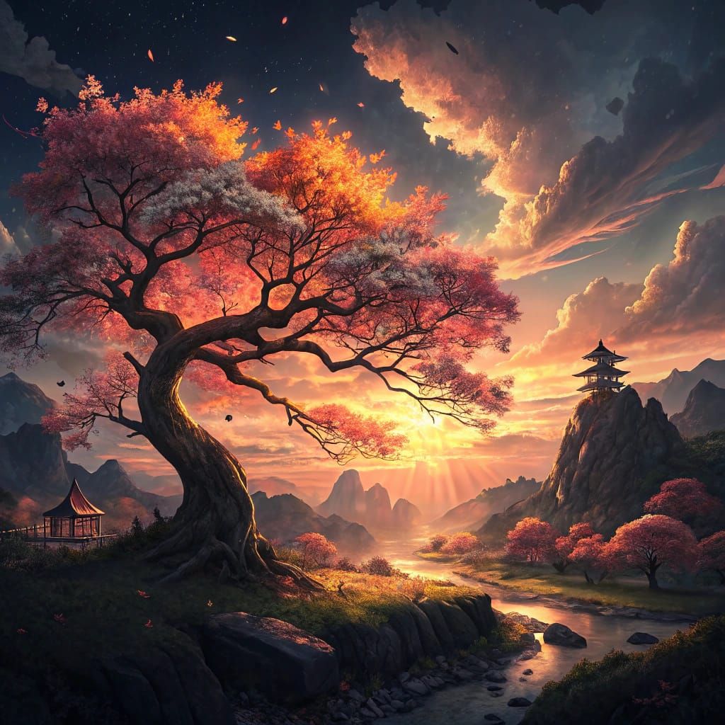 Eastern Cherry Blossom Tree Basks in Golden Sunset