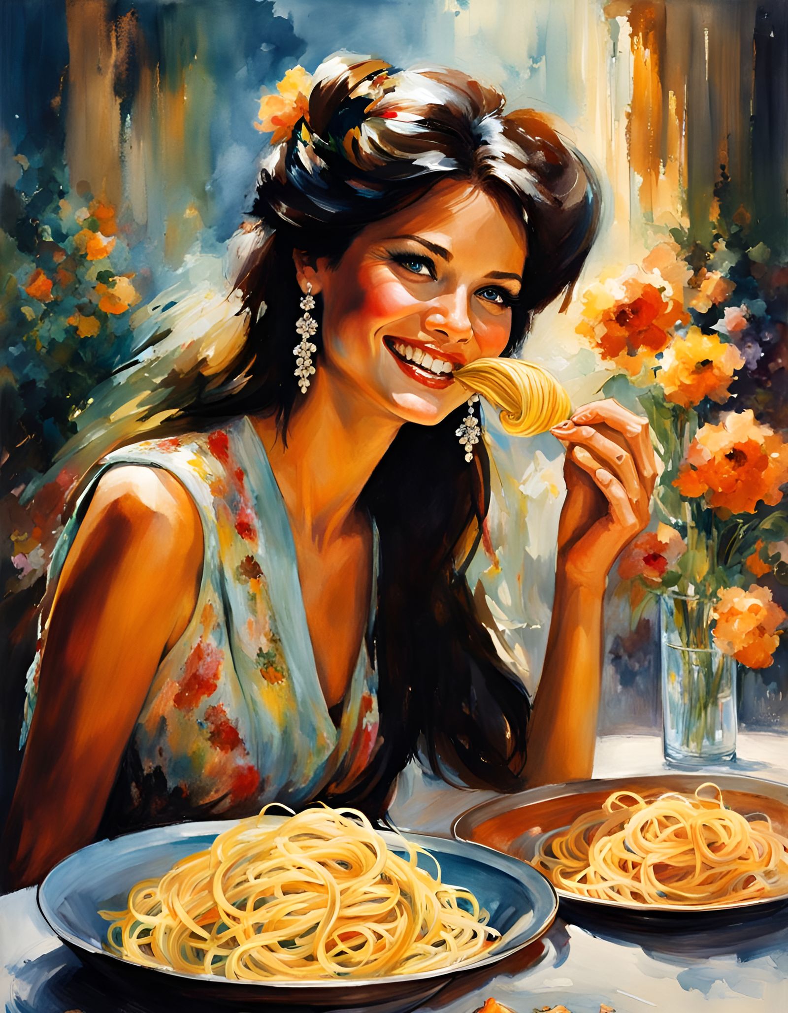 Claudia Cardinale at Romantic Pasta Dinner, Watercolour Styl...