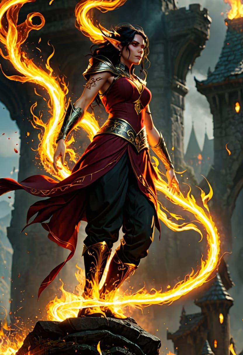 Elf Casting Fire Spell in Detailed Matte Painting
