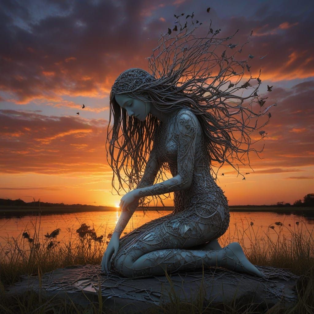 Surreal Sunset Goddess Reclaims Shattered Mirrors in Vibrant...