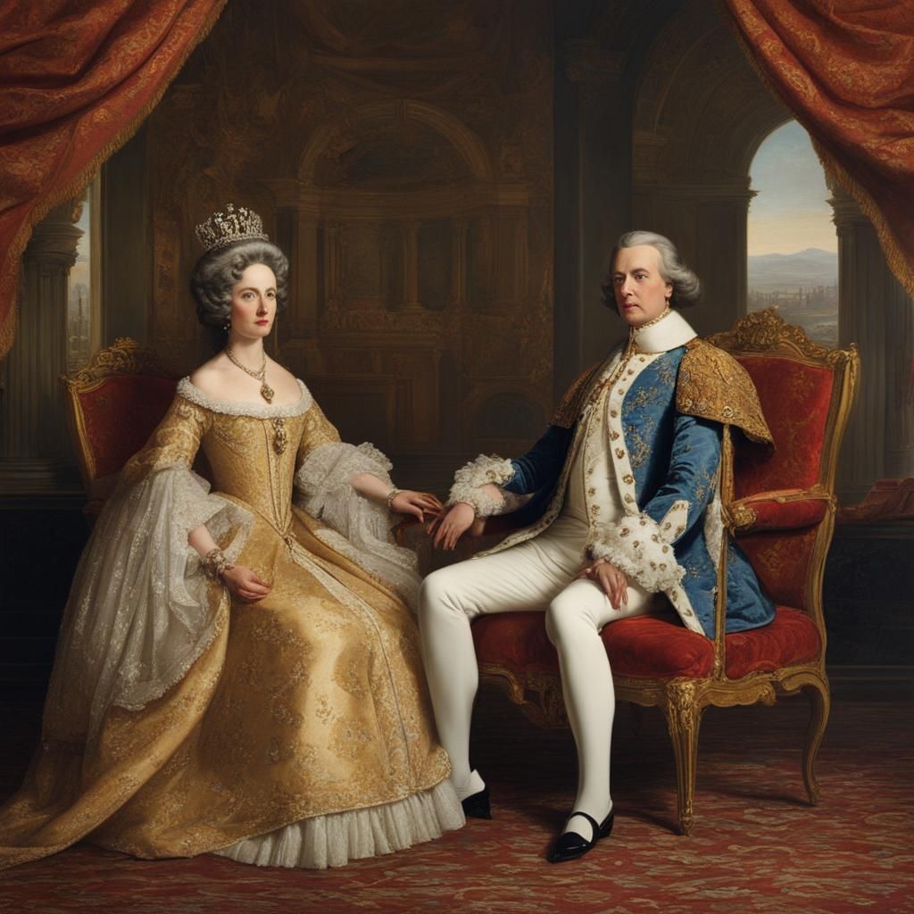 King and queen in the 1700s from Spain sitting in long chair...