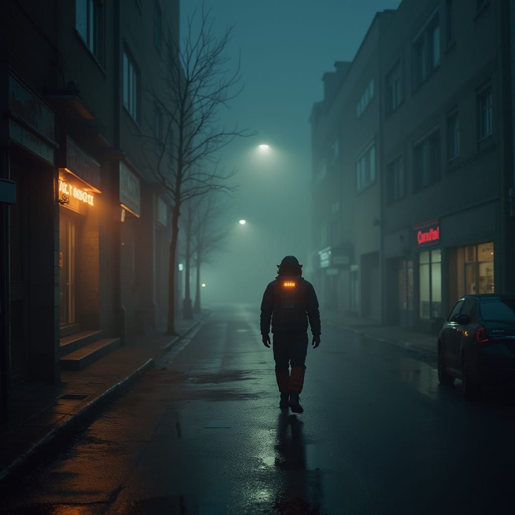 Spaceman Walks Foggy Street At Night
