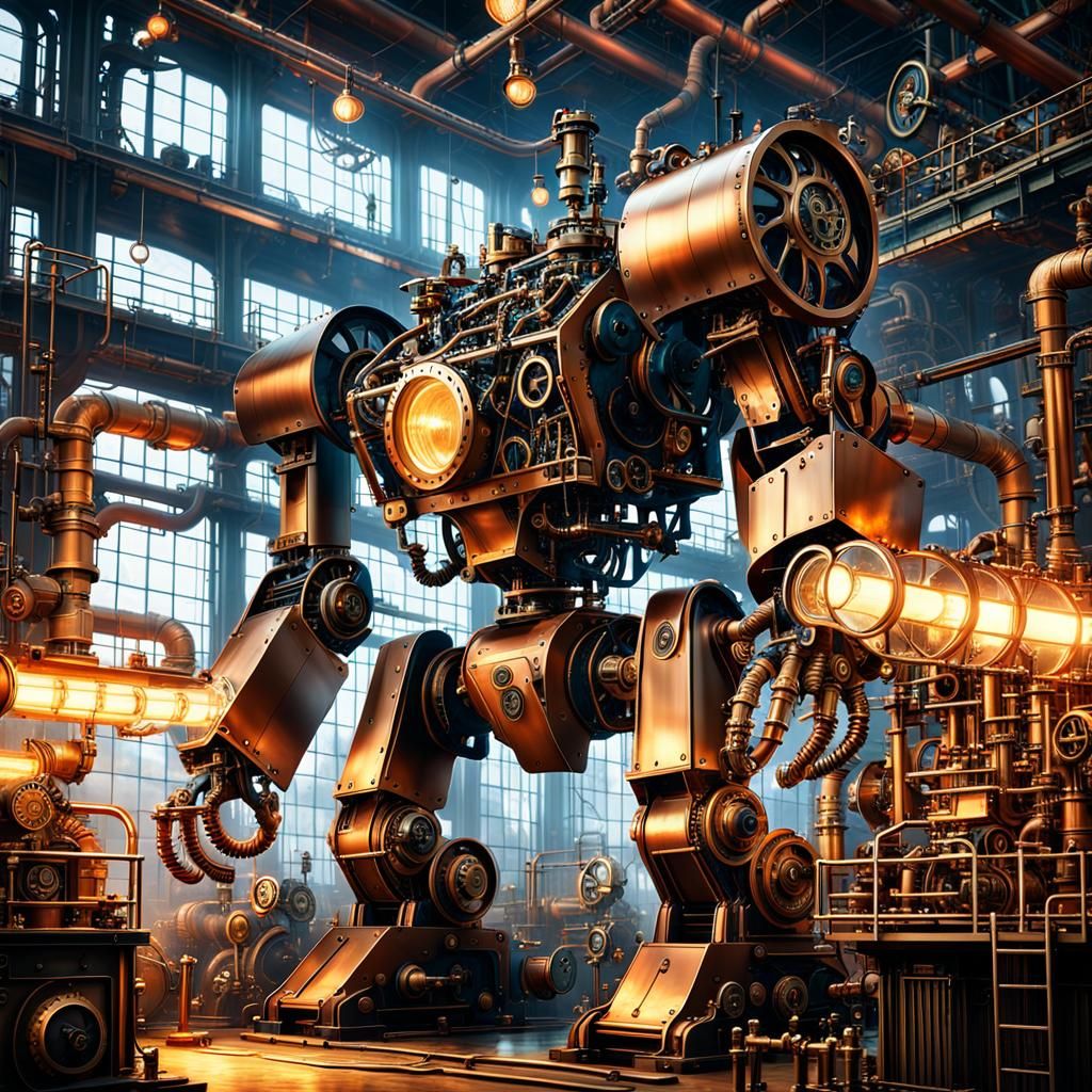 Steampunk Robot Assembled in Sci-Fi Factory