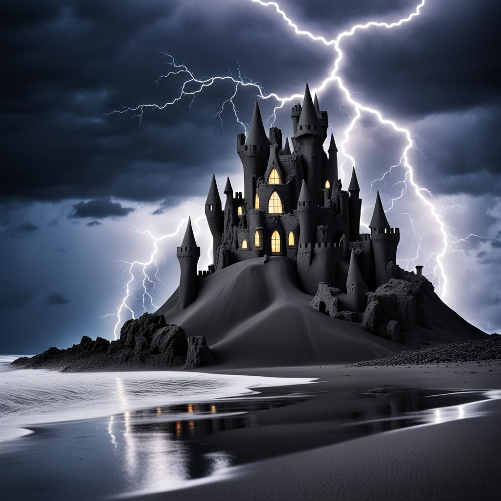 Addams Family Style Black Sand Castle with Lightning