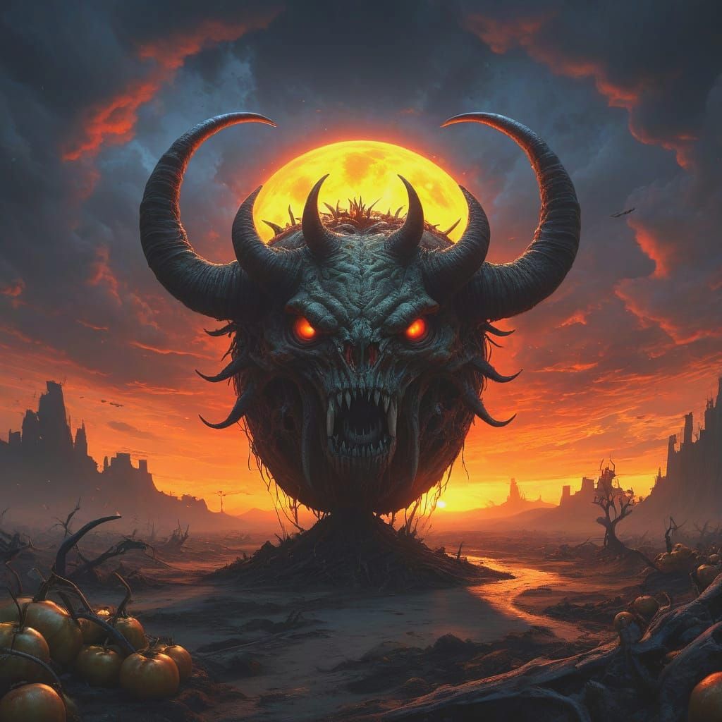 Giant Horned Tomato with Rune Knife on Alien World