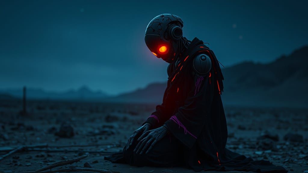 Cyberpunk Android Kneeling in Barren Wasteland