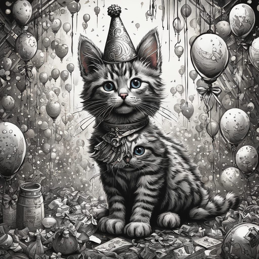 Style of Tenniel, a black and white drawing of a tabby kitten in a dress at a New Year party