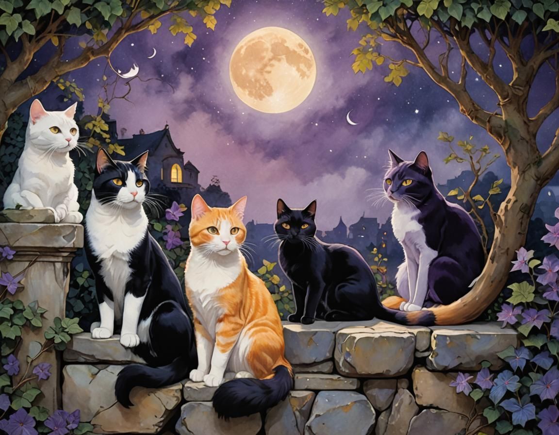 Cats Singing in Moonlight: A Surreal Realism Image
