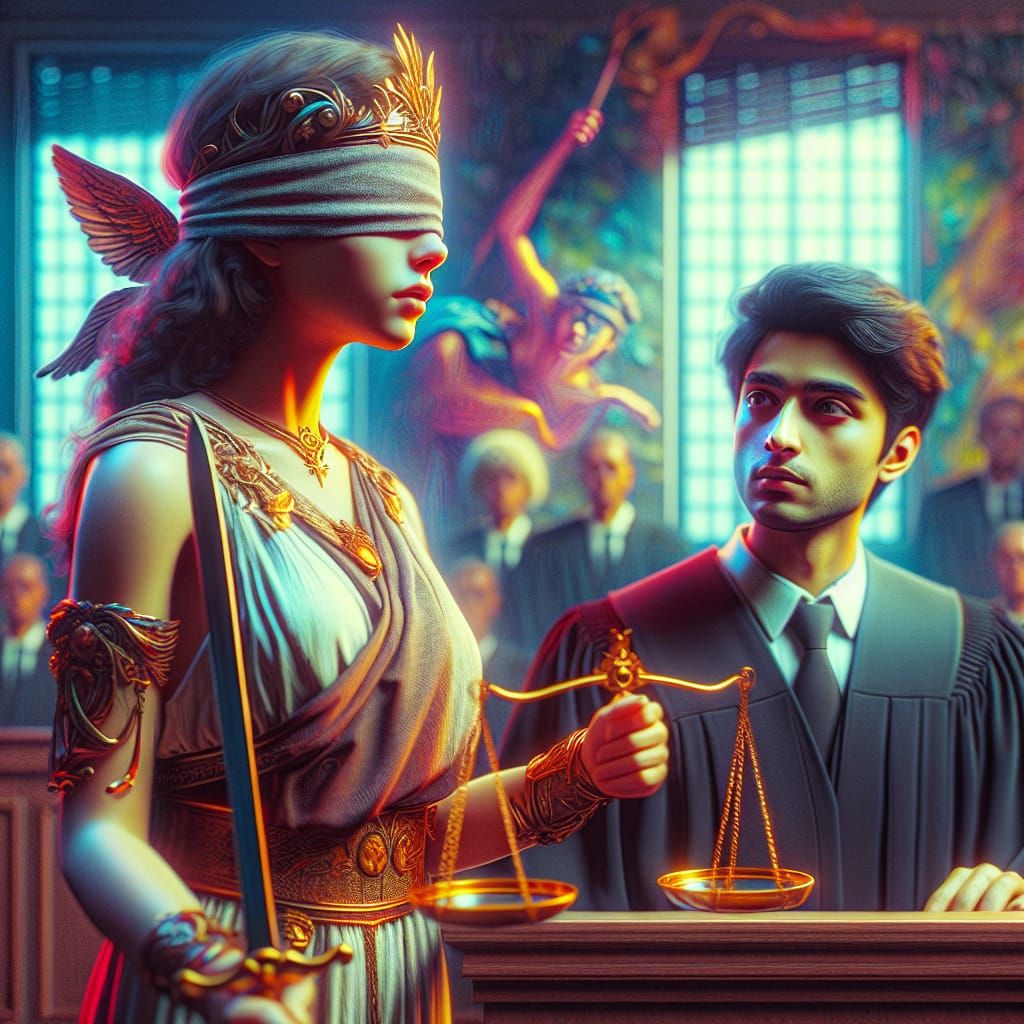 Lady Justice Testifies: Hyperrealistic Courtroom Scene