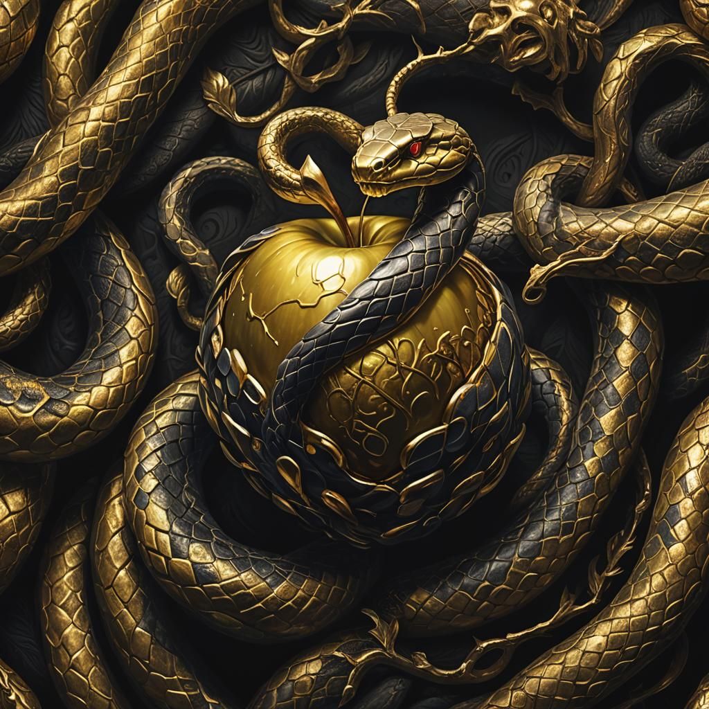 Evil Snake Wrapped Around Gold Apple