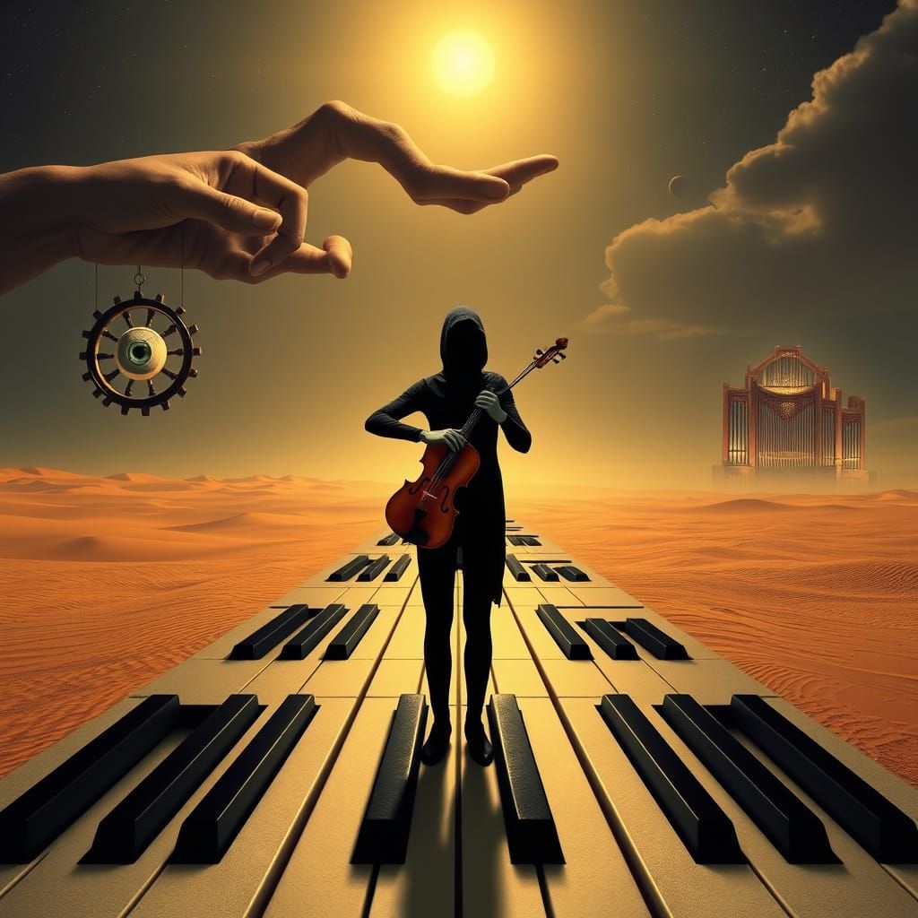 Surreal Desert Piano with Faceless Violinist and Giant Hand