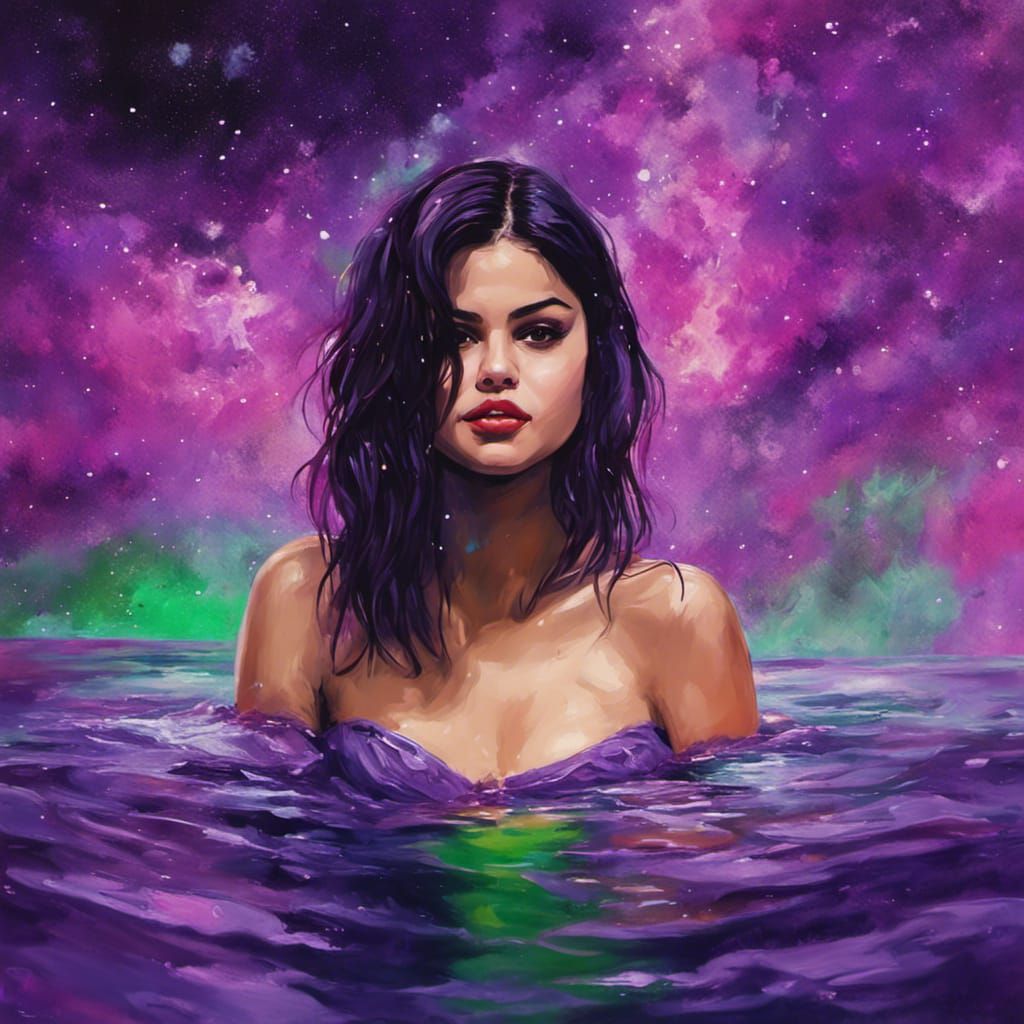 Selena Gomez Bathes in Purple Sea: Impressionistic Art