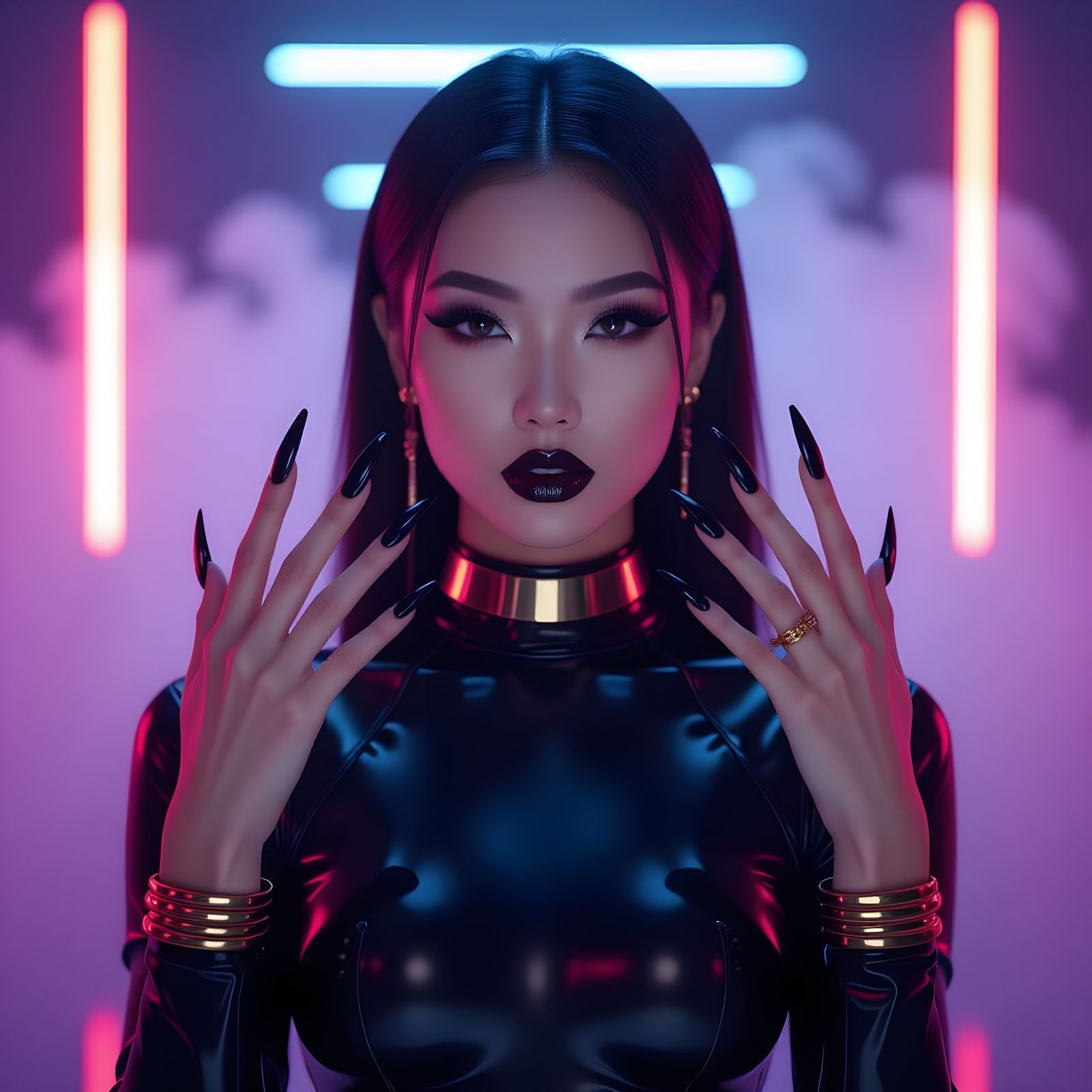 Asian Woman in Black Latex with Goth Makeup and Neon Fog