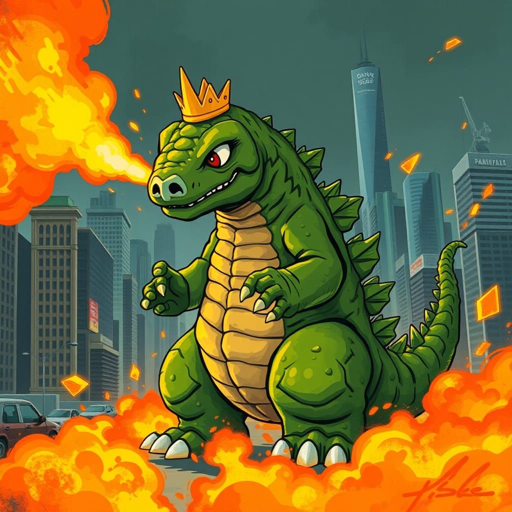 Baby Godzilla's Fiery Rampage in Vibrant Metropolis