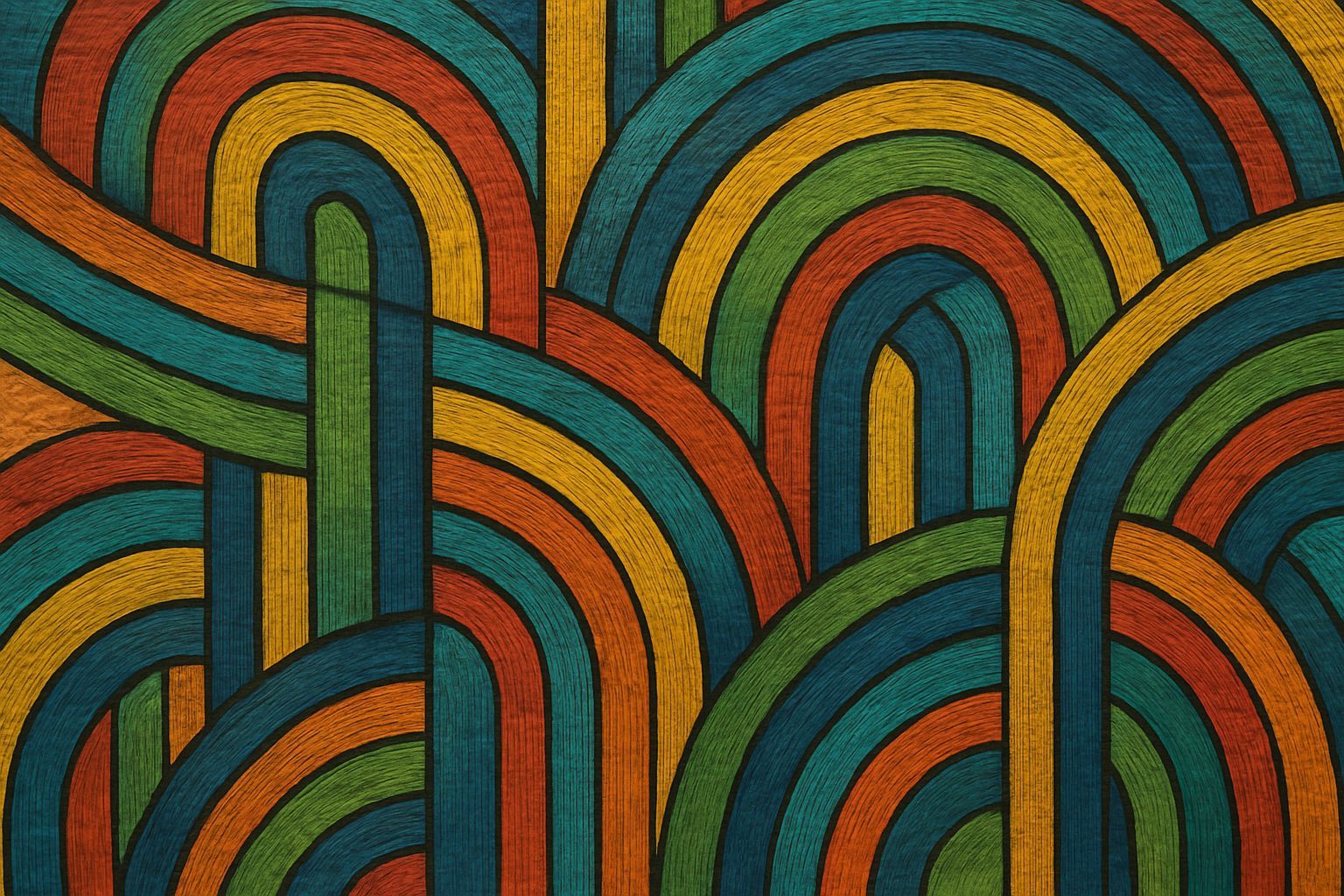 Vibrant Op Art Woodcut: Abstract Geometric Arches