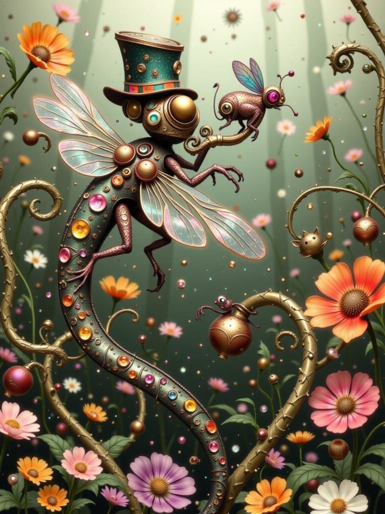 Steampunk Dragon-Dragonfly in Art Nouveau Garden
