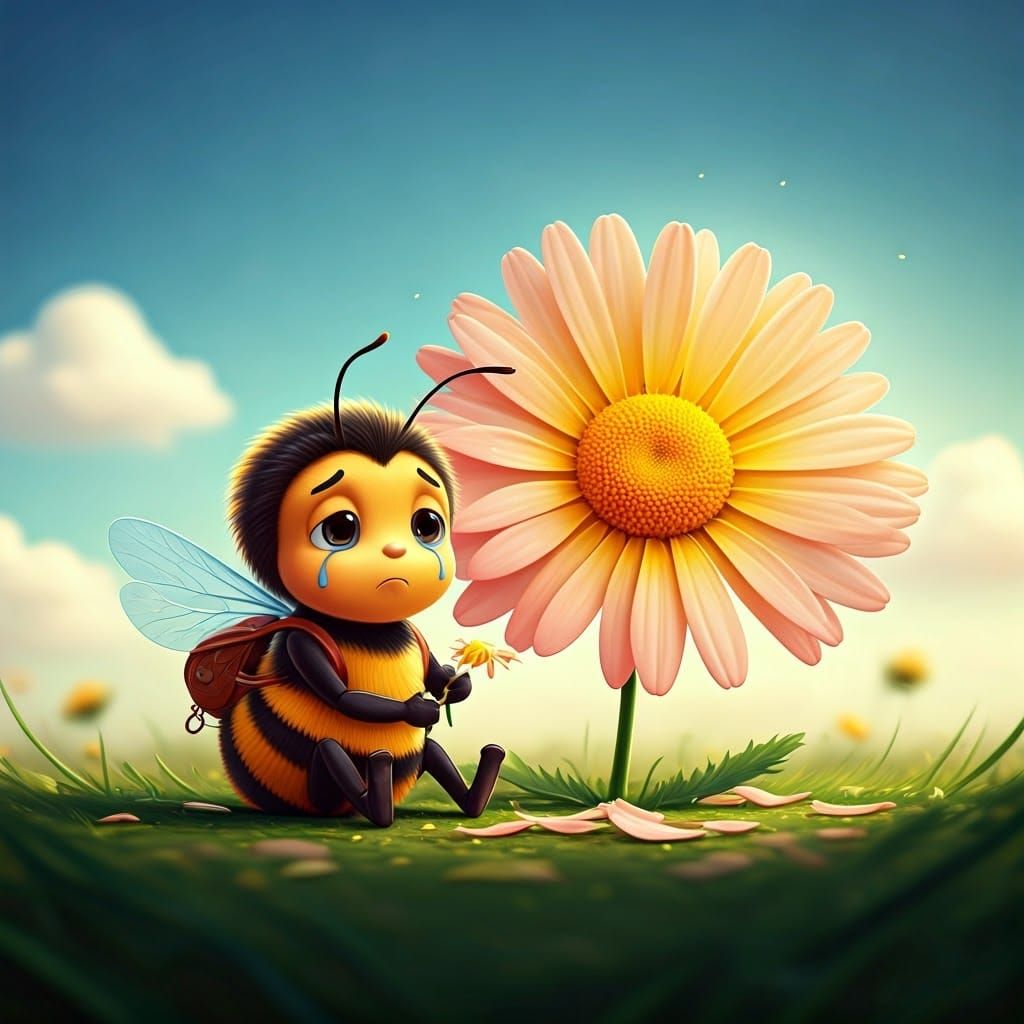 Sorrowful Bee Finds Solace in Vibrant Daisy