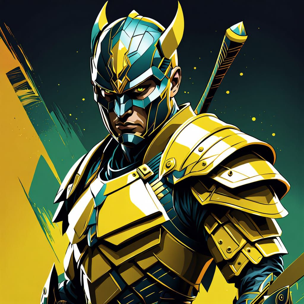 Vibrant Warrior in Lemon Armor, Close-Up Portrait in Elina K...