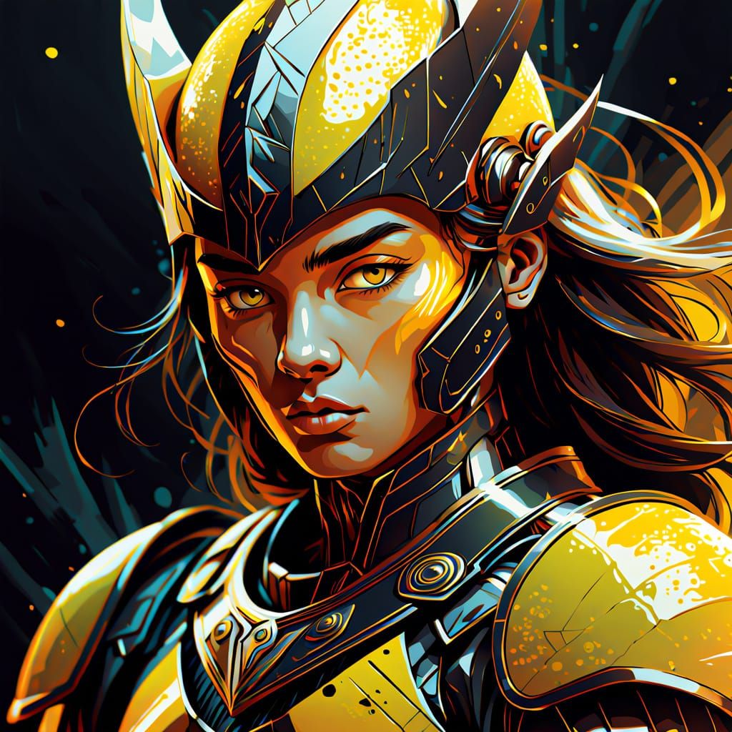Vibrant Warrior in Lemon Armor, Dynamic Fantasy Portrait