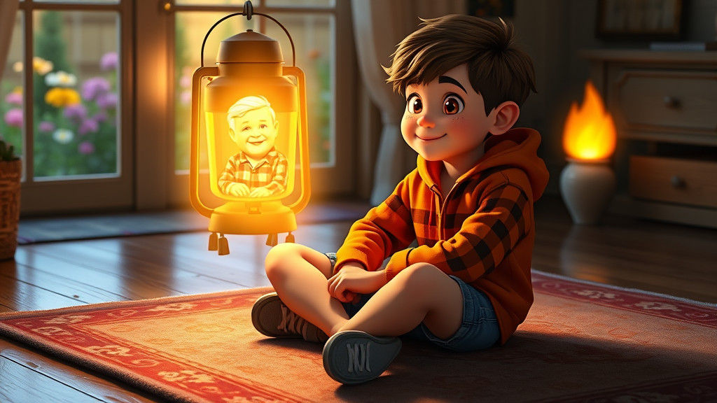 Boy and Holographic Grandpa in Detailed Matte Painting