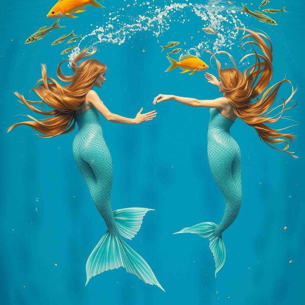 Mermaids Dance in Vibrant Blue Ocean with Iridescent Fish