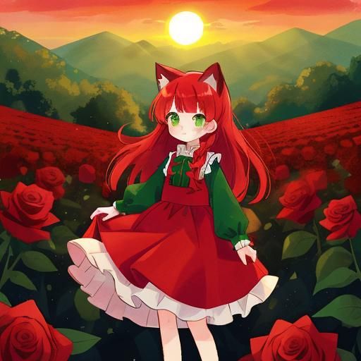Red-Haired Girl with Cat Ears and Sunrise