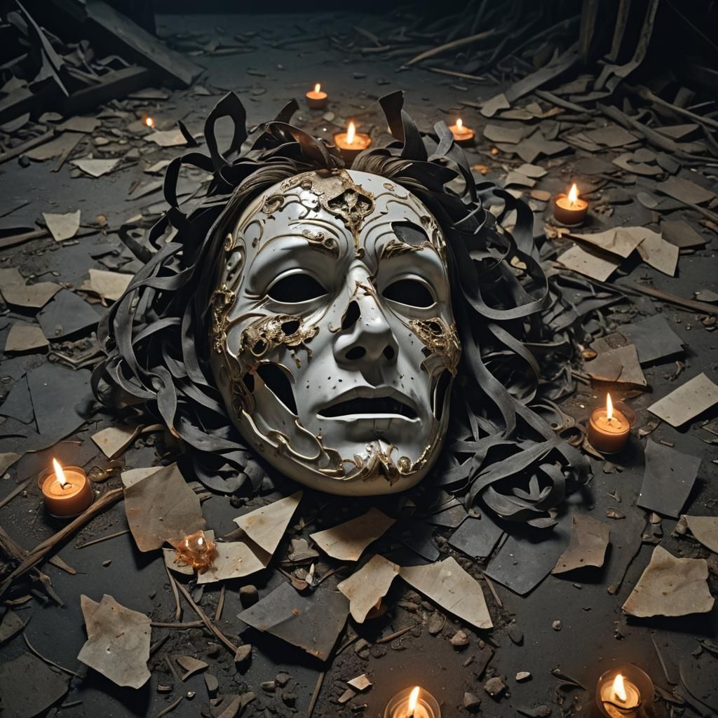 Broken Mask Reveals Anguish in Gothic Horror Style
