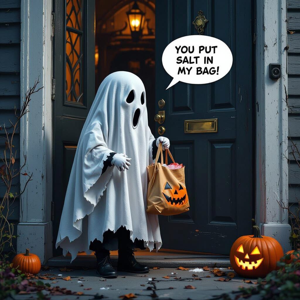 Ghost Trick-or-Treater Discovers Salt in Bag