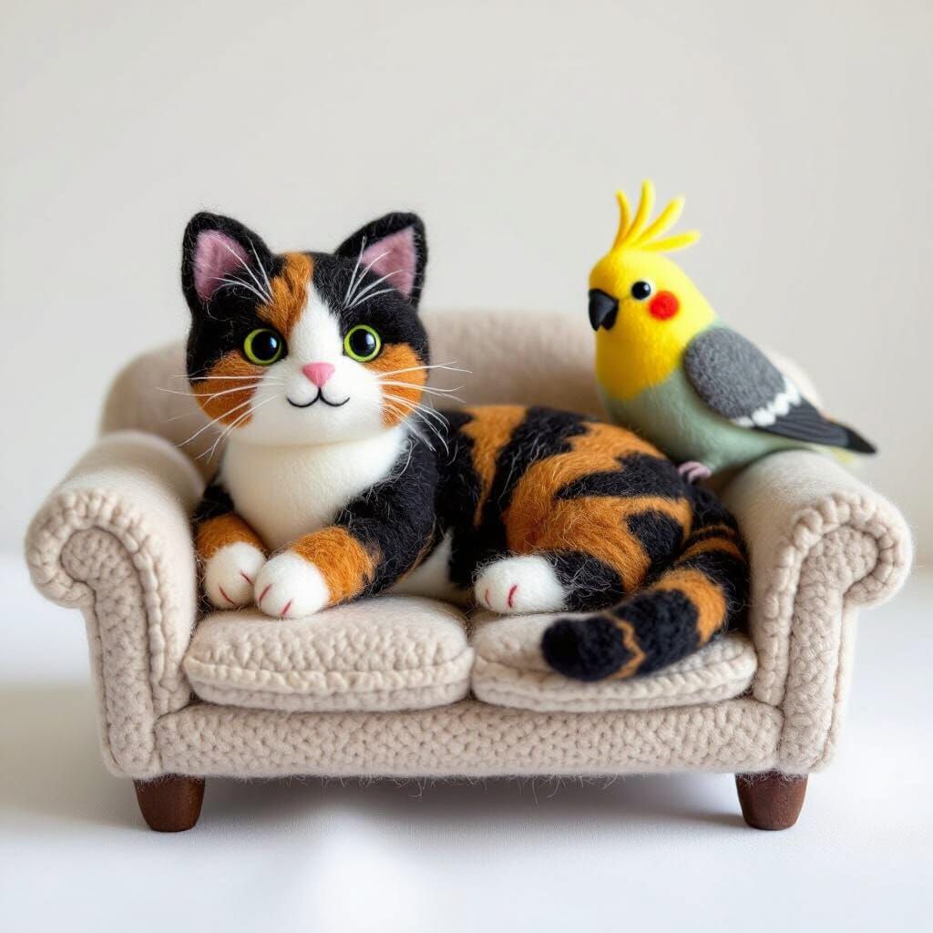 Needle Felted Tortoiseshell Cat and Cockatiel