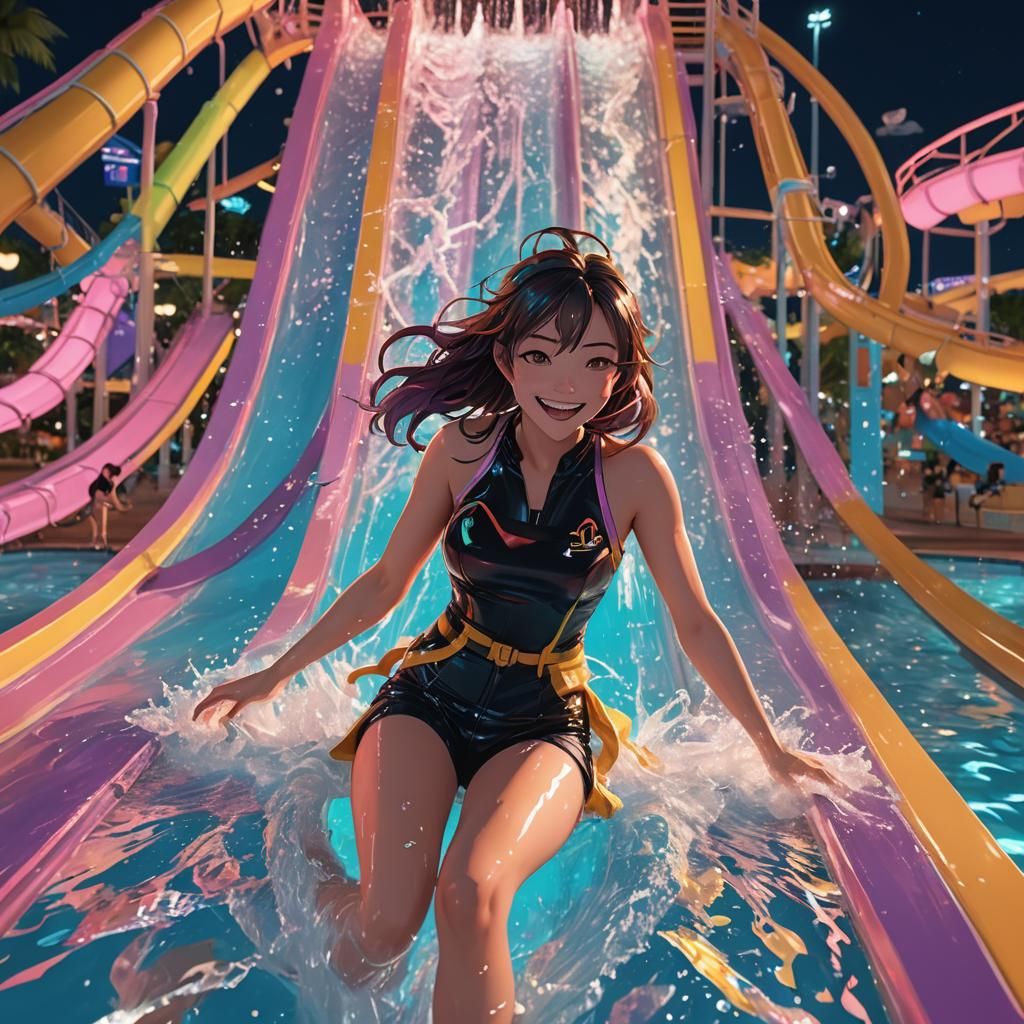 Anime Girl in Lit Water Park at Night