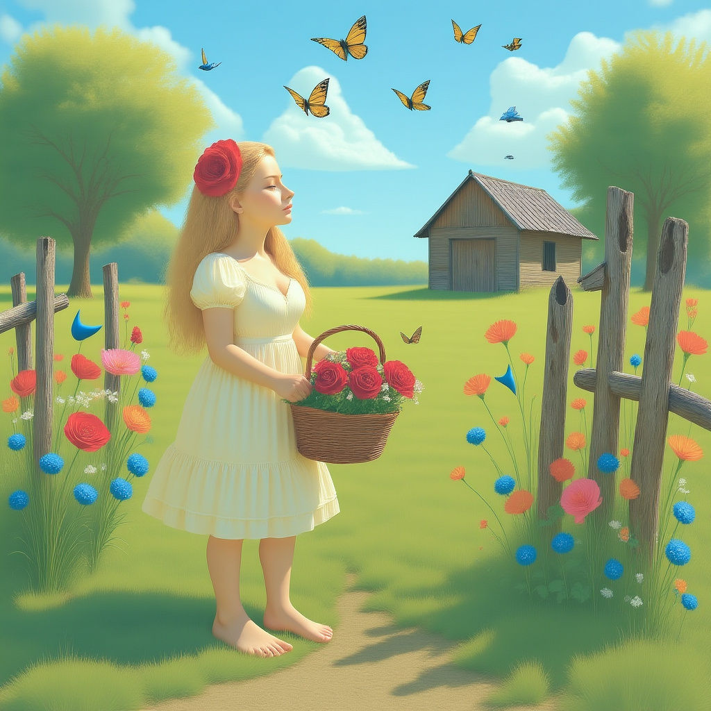 Woman Picking Flowers in Sunny Meadow