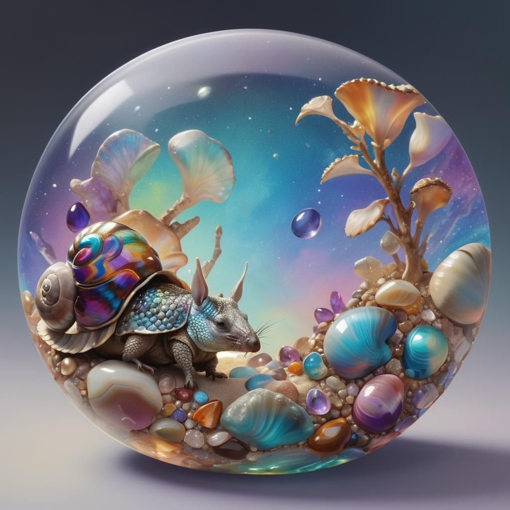 Iridescent Armadillo on Snail in Geode Landscape
