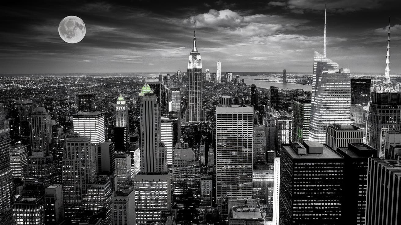 Retro NYC Night Skyline Under Full Moon